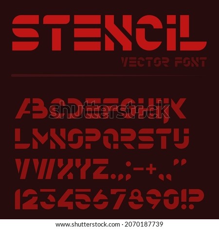 Vector stencil font. Monochrome alphabet. Letters, numbers and punctuation marks.