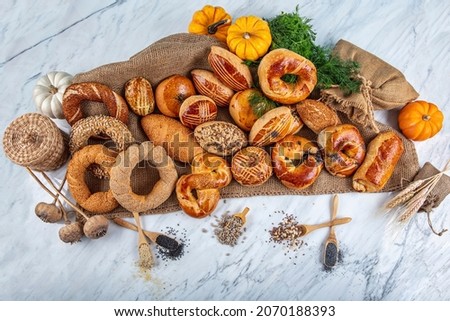 Turkish bakery, pastry products. Assorted Turkish pastry products.  Turkish Pastries; pogaca, borek, acma, ay coregi at patisserie showcase. Traditional turkish cuisine breakfast culture. Royalty-Free Stock Photo #2070188393