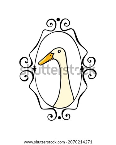 Vector card with hand drawn portrait of a cute white Indian Runner duck in elegant vintage frame. Ink drawing, graphic style. Beautiful farm products design elements.