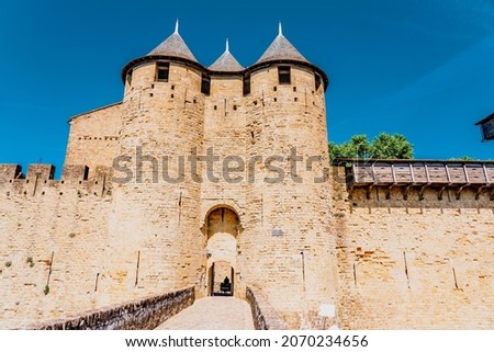 The Ancient Fortress of Carcassonne, France. Europe castle. View from the Cite. High quality photo Royalty-Free Stock Photo #2070234656