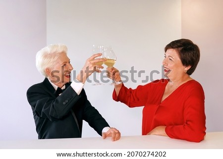 Two beautiful stylish mature senior women drinking wine in bar. Fun, party, style, celebration concept