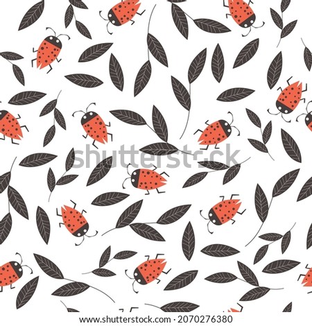 Seamless background with ladybug and leaves. Simple pattern. Vector illustration.
