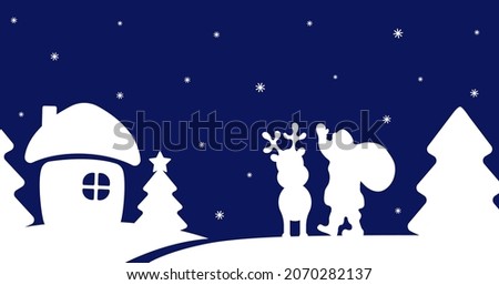 Vector silhouette Santa Claus and reindeer on dark background. Christmas background with winter village.