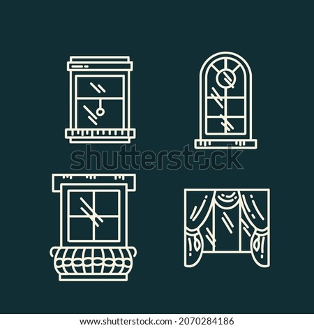 A set of wooden window frames icons. Windows of various shapes, round, arched, with glass. Vector illustration