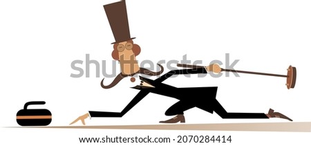 Mustache man in the top hat plays curling illustration. 
Mustache gentleman in the top hat with curling brush and stone isolated on white
