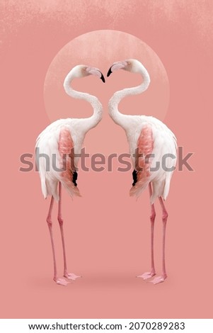 Flamingo vintage collage, couple with heart shape and moon, romantic pink illustration. 