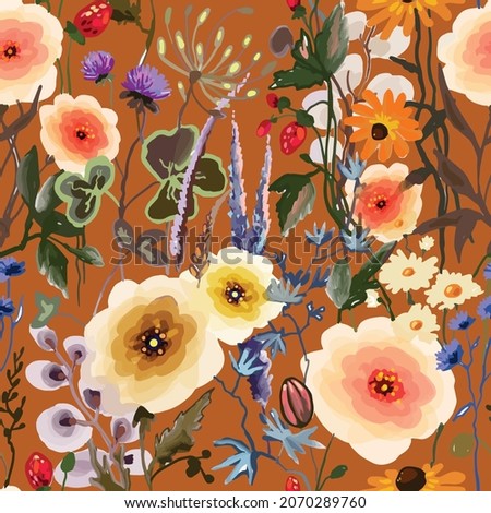 vector seamless pattern with watercolor wild flowers, meadow blooming, strawberry on pastel orange background. Hand drawn floral botanical herbal texture, print. Vector illustration