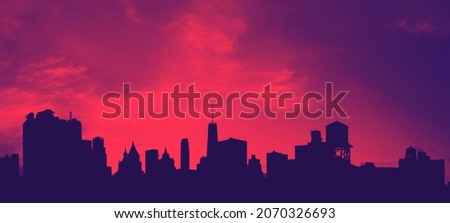 Buildings and skyscrapers of the downtown Manhattan skyline in New York City with red and blue color effect