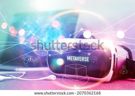 Metaverse technology concept, VR virtual reality goggle on colorful background, Metaverse Visualization simulation, 3D, AR, VR, Innovation of futuristic. Royalty-Free Stock Photo #2070362168
