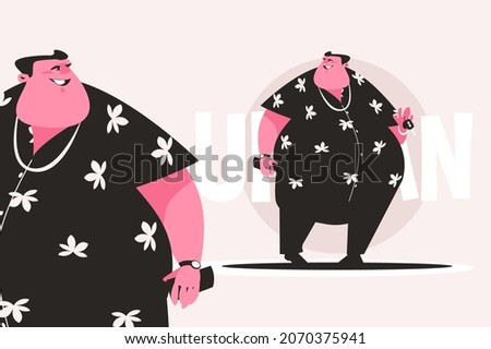Smiling urban fat boy vector illustration. Thick man wearing shirt with flowers flat style. Person with car keys. Coolness and fashion concept. Isolated on pink background