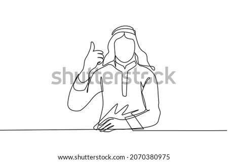 Single one line drawing confident Arab businessman thumbs up. Excited male dressed in traditional clothes showing thumbs up sign. Deal, like, agree, approve, accept. Continuous line draw design vector