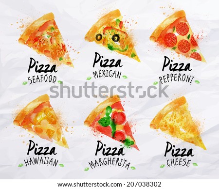 Pizza watercolor set hand drawn with stains and smudges margarita, hawaiian, pepperoni, seafood, mexican