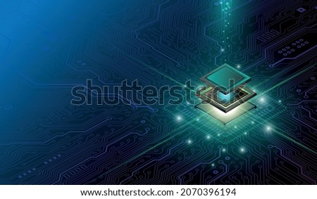 Futuristic microchip processor with lights on the blue background. Quantum computer, large data processing, database concept. CPU isometric banner. Central Computer Processors CPU concept.Digital chip Royalty-Free Stock Photo #2070396194