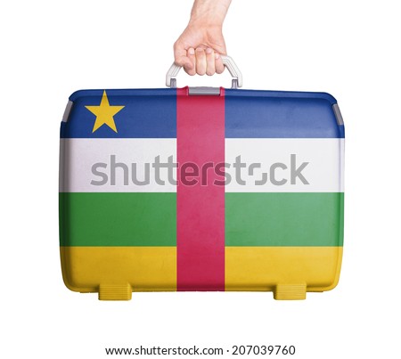 Used plastic suitcase with stains and scratches, printed with flag, Central African Republic