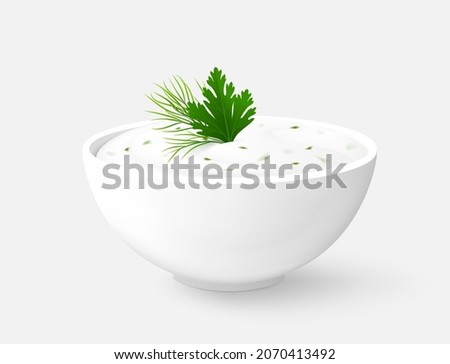 Bowl of white dipping sauce (Ranch or Tzatziki) with herbs (parsley and dill) on gray background. Realistic vector illustration. Side view. Royalty-Free Stock Photo #2070413492