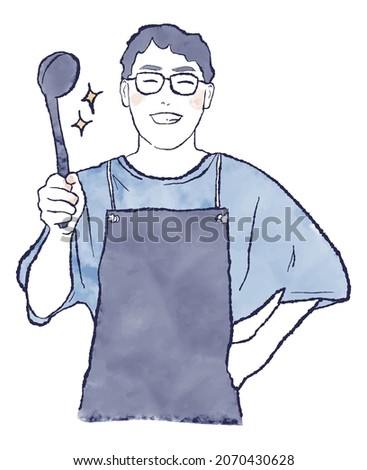Watercolor and ink hand-drawn illustration of an Asian man in a T-shirt and apron with glasses holding a ladle and laughing, upper body