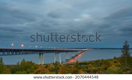 The Bridge in night time. The street in night time. The Presidential Bridge in Ulyanovsk, the fifth longest in Russia. Evening landscape.