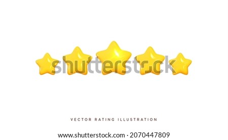 Five stars, glossy yellow colors. Customer rating feedback concept from the client about employee of website. Realistic 3d design of the object. For mobile applications. Vector illustration
