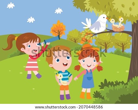 Kindness vector concept. Group of happy kids helping a baby bird to the nest while playing at the park