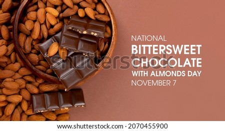 National Bittersweet Chocolate with Almonds Day stock images. Chocolate bar with almonds in a wooden bowl top view stock images. November 7. Important day