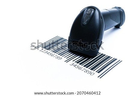 Barcode scanning. Reader laser scanner for warehouse. Retail label barcode scan isolated on white background. Warehouse inventory management Royalty-Free Stock Photo #2070460412