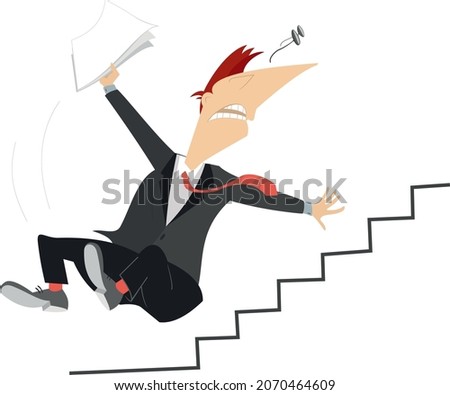 Business man falling down the stairs illustration. 
Cartoon man with papers in the hand falls down the stairs and lost glasses on white background
