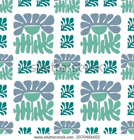 Modern abstract floral seamless pattern. Turquoise and blue matisse inspired art vector illustration.