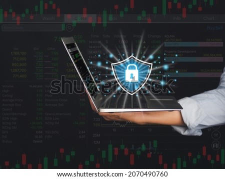 Safety for trade stock. Cyber security firewall privacy. Data protection. Padlock icon and internet technology networking. Businessman protecting data personal information on a virtual interface.