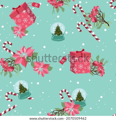 Christmas vector seamless pattern with candy canes, rowen, poinsettia and gifts. Background for wrapping paper, fabric print, greeting cards design