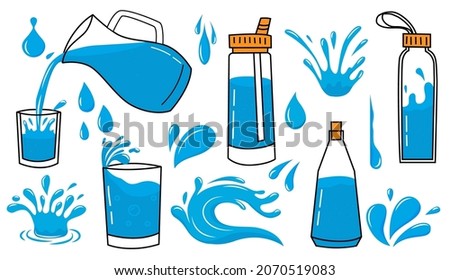 Doodle water icon. Liquid splash and drips. Bottle or glasses with drinking aqua. Hand drawn recycling packaging. Falling drops. Pouring beverage from jug. Vector fluid splatters set Royalty-Free Stock Photo #2070519083