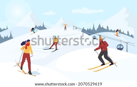 Happy man and woman ride skis in Alps. Winter mountain landscape with skiers. Blue sky, tops of rocks on background. Winter sport activities. Skiing resort. Vector illustration Royalty-Free Stock Photo #2070529619