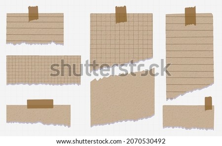 Realistic watercolor blank brown paper sheets on different shape and size stuck with tape