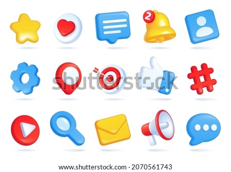 3d social media icons, online communication, digital marketing symbols. Like button, speech bubble, notification bell, hashtag icon vector set. Elements for networking sites, applications Royalty-Free Stock Photo #2070561743
