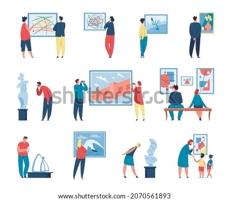 Art gallery visitors looking at paintings, people in museum exhibition. Characters admiring or taking photo of painting or sculpture vector set. Man and woman watching modern and classical exhibits Royalty-Free Stock Photo #2070561893