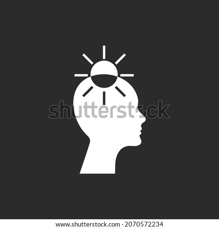 Seventh chakra sahaswara. Light of mind. Human profile with light bulb in head. Pishology icon. Creative brain logo. Vector silhouette