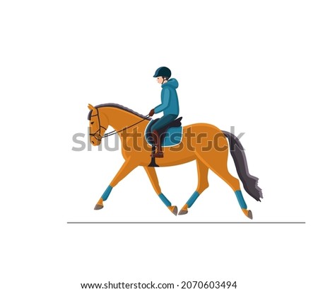 Young rider in special uniform and helmet riding horse. Equestrian training