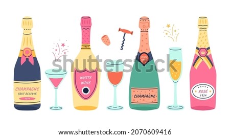 Wine bottles with glasses. Doodle champagne and prosecco vintage glass bottles of white and red sparkling wine, holiday and wedding glasses. Vector set Royalty-Free Stock Photo #2070609416