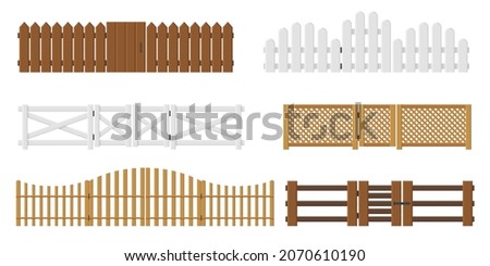 Fences with gates. Wooden enclosing planks and lattices. Yards barriers. Garden fencing with doors. Farm or rural house boundary. Palisade entrance. Vector village border elements set Royalty-Free Stock Photo #2070610190