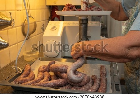 Elk sausages stuffing in the kitchen, picture from vasternorrland sweden.
