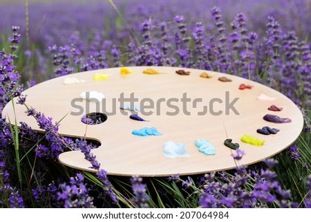 Easel in lavender field