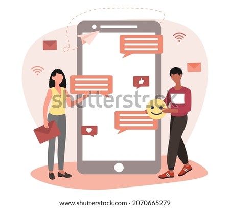 Social media communication. Man and woman stand next to smartphone and send messages to each other. Dialogue with friends remotely. Characters receive notification. Cartoon flat vector illustration