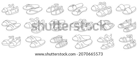 Fashion sandal vector illustration set on white background . Summer shoe of sandal outline vector set icon. Isolated outline icon summer footwear. Royalty-Free Stock Photo #2070665573