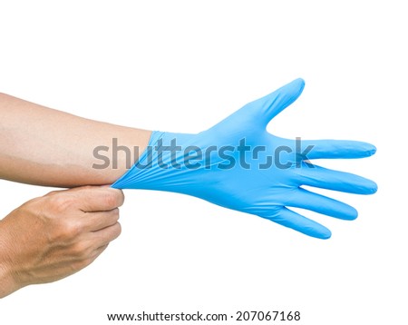 blue rubber glove on a man hand isolated on white 
