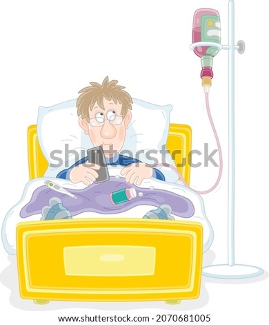 Funny patient with a dropping wine bottle instead a medicine dropper lying in his bed in a hospital ward, vector cartoon illustration on a white background