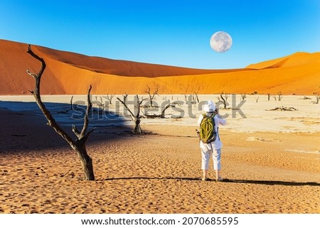  The moon is low on the horizon. Woman tourist with green backpack takes pictures of beautiful landscape. The Namib Naukluft Park. Namibia. Africa. The clay plateau Sossusflei 