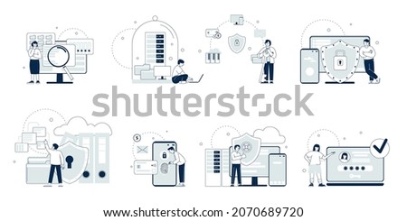 Cyber security concept. Secure working, privacy politics industry. Data protection, no computer hacking. Finance and database saving, recent vector scenes Royalty-Free Stock Photo #2070689720
