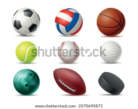 Realistic sports balls. 3D football, tennis, rugby