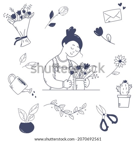 Female florist and floral thinga in doodle style on white background
