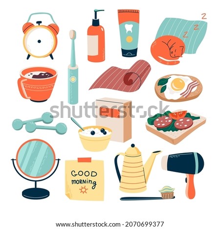 Morning routine set with alarm clock, toothpaste and toothbrushes, fitness stuff, breakfast etc. Vector collection of elements 