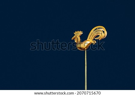 Symbol of old Riga town - golden cockerel (rooster) topping bell tower of Riga Doms Cathedral. Royalty-Free Stock Photo #2070715670